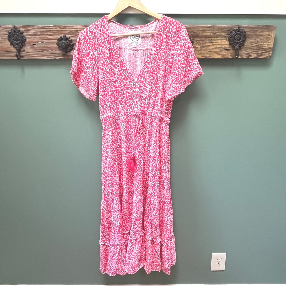 Sunday Mi Amor Red Floral Ditsy Midi Dress Boho Tassel Drawstring‎ Medium
